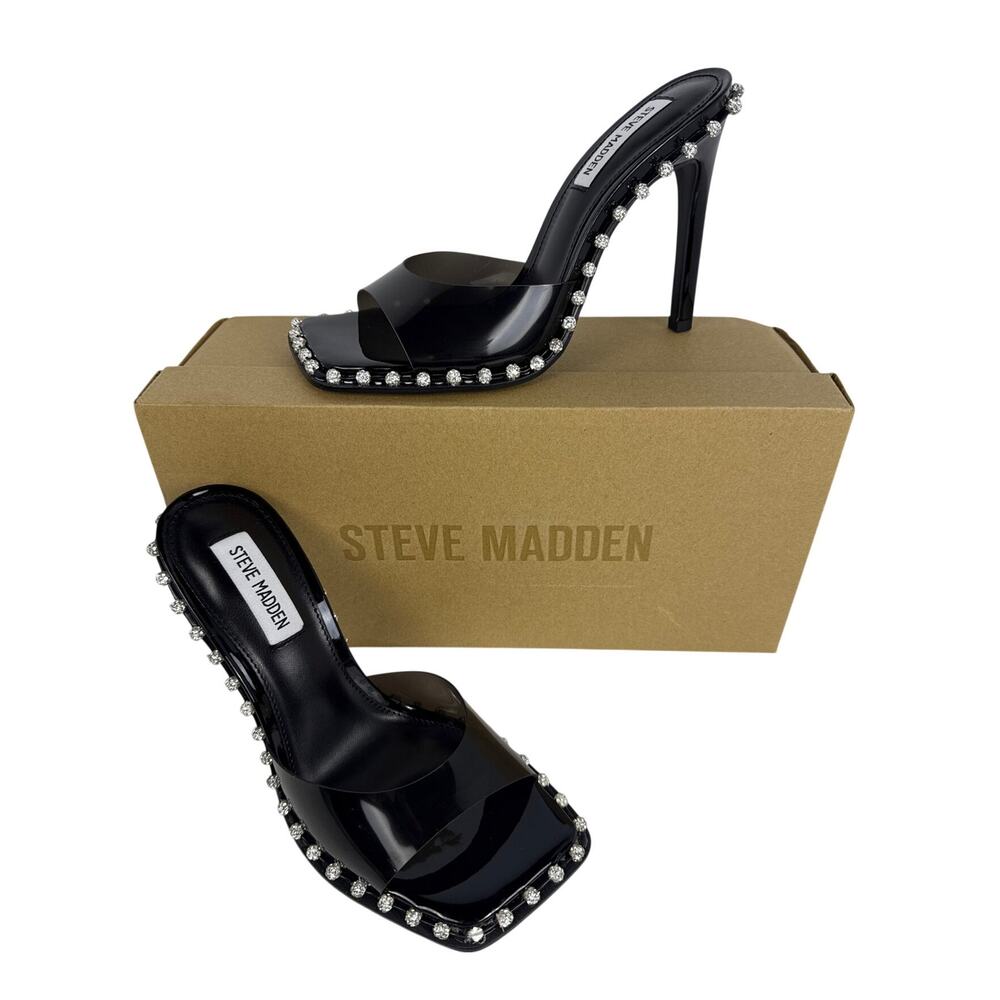 Steve Madden Zaylee Mule Heels Womens 7 Black Rhinestone Square Toe Stiletto